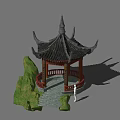 Traditional Landscape Pavilion with Black Curved Roof Red Pillars and Green Rockery Stone Path