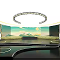 Modern Stage Interior With Circular Ring Large Screens And Landscape Art