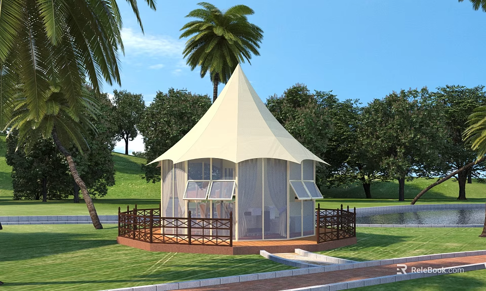 Birds Eye View Planning of Tented Structure With Green Lawn Palm Trees and Water Area 3d model 