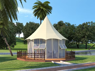 Birds Eye View Planning of Tented Structure With Green Lawn Palm Trees and Water Area 3d model