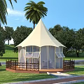 Birds Eye View Planning of Tented Structure With Green Lawn Palm Trees and Water Area