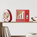 Retro Pink And Red Vintage Speakers On Wooden Shelf With Books And White Bowls