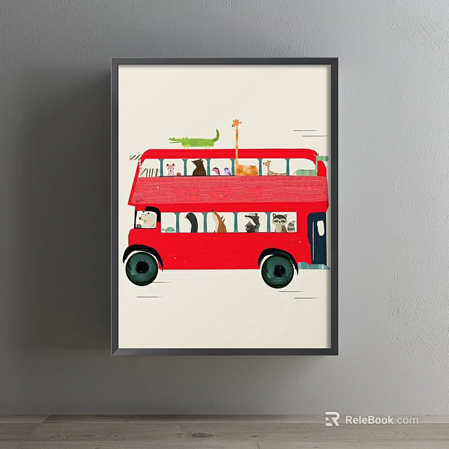 Vibrant Red Double Decker Bus Illustration Featuring Animals in Windows and Framed Art 3d model