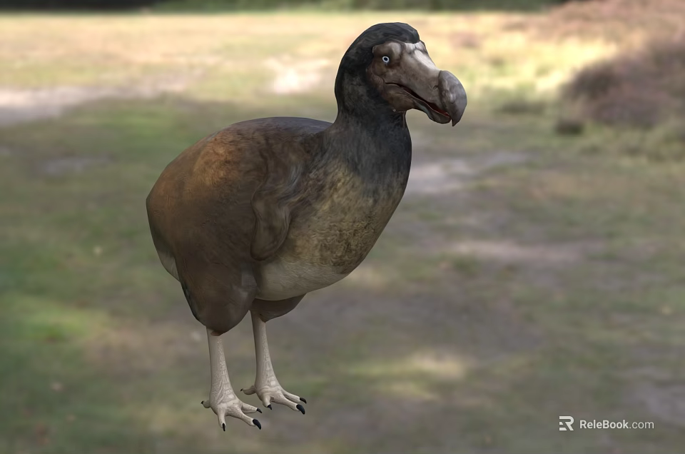 Dodo Bird With Brown And Gray Feathers Large Beak Standing On Grassy Ground 3d model 