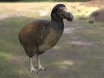 Dodo Bird With Brown And Gray Feathers Large Beak Standing On Grassy Ground 3d model