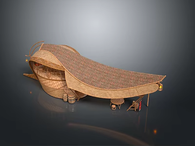 Boat Shaped Architectural Structure With Curved Woven Roof Supporting Wheels And Small Ladder 3d model