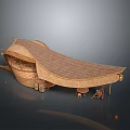 Boat Shaped Architectural Structure With Curved Woven Roof Supporting Wheels And Small Ladder