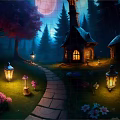 Enchanted Forest Night Scene With Full Moon Glowing Lanterns Stone Path Cottages And Colorful Flowers