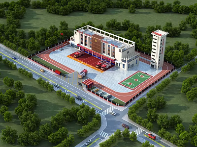 Aerial Planning of Comprehensive Complex With Buildings Sports Field Parking and Green Surroundings 3d model