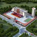Aerial Planning of Comprehensive Complex With Buildings Sports Field Parking and Green Surroundings