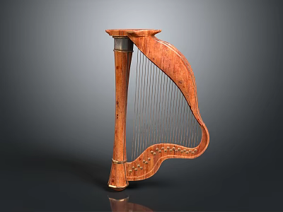 Traditional Wooden Harp Musical Instrument With Carved Body And Strings Details 3d model