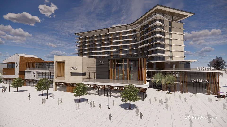 Modern Commercial Complex Featuring Retail Stores Cafe Pedestrian Plaza And Trees 3d model 