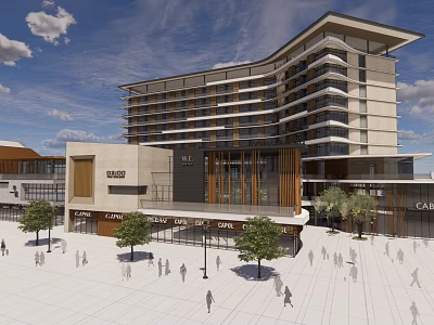 Modern Commercial Complex Featuring Retail Stores Cafe Pedestrian Plaza And Trees 3d model