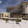 Modern Commercial Complex Featuring Retail Stores Cafe Pedestrian Plaza And Trees
