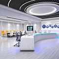Modern Monitoring Room With Large Screens Displaying Charts And Data Conference Table White Orange Chairs