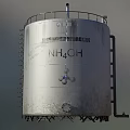 Silver Industrial Storage Tank With Ladder Top Railing Base Supports And Yellow Warning Label