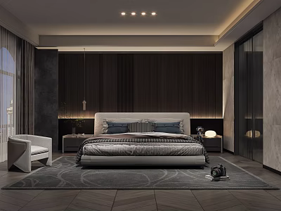 Modern Bedroom Interior With Comfortable Bed Wooden Wall Paneling Nightstands And Ambient Lighting 3d model