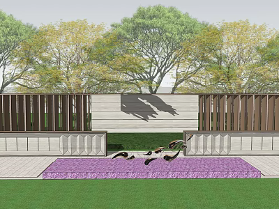 Modern Garden Feature Wall With Wooden Panels Stone Base Purple Flower Bed And Green Lawn 3d model
