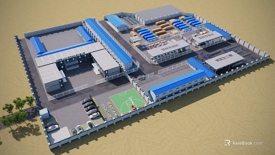 Large Industrial Factory Complex With Blue Roof Multiple Buildings And Parking Facilities 3d model