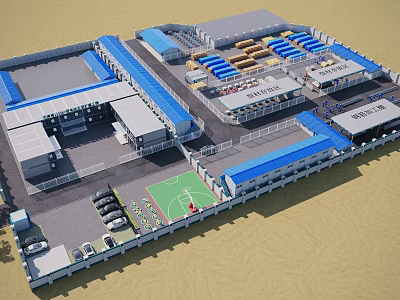 Large Industrial Factory Complex With Blue Roof Multiple Buildings And Parking Facilities 3d model