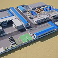 Large Industrial Factory Complex With Blue Roof Multiple Buildings And Parking Facilities 3d model