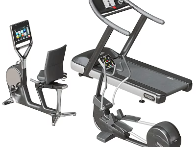 Modern Fitness Equipment Including Treadmill Exercise Bike Elliptical And Digital Screens 3d model
