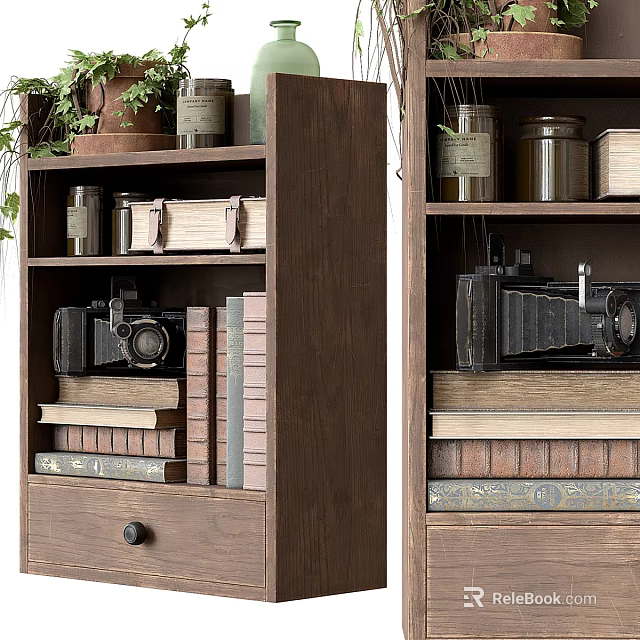 Vintage Wooden Bookcase With Stacked Books Vintage Camera Jars And Potted Plants 3d model 