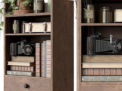 Vintage Wooden Bookcase With Stacked Books Vintage Camera Jars And Potted Plants 3d model