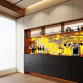 Modern Sideboard With White And Dark Cabinets Wine Rack Coffee Machine And Yellow Accent Wall