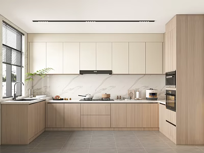 Modern Kitchen Interior With Light Colored Cabinets Marble Countertop Appliances And Window 3d model