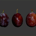 Three Vibrant Red Purple Plums With Frosty Bloom On Dark Reflective Background