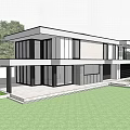 Modern Two Story Detached Villa With Large Windows Open Design Courtyard Lawn And Green Plants
