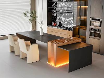 Modern Black Tabletop Dining Set In Kitchen Interior With Beige Upholstered Chairs And Illuminated Base 3d model