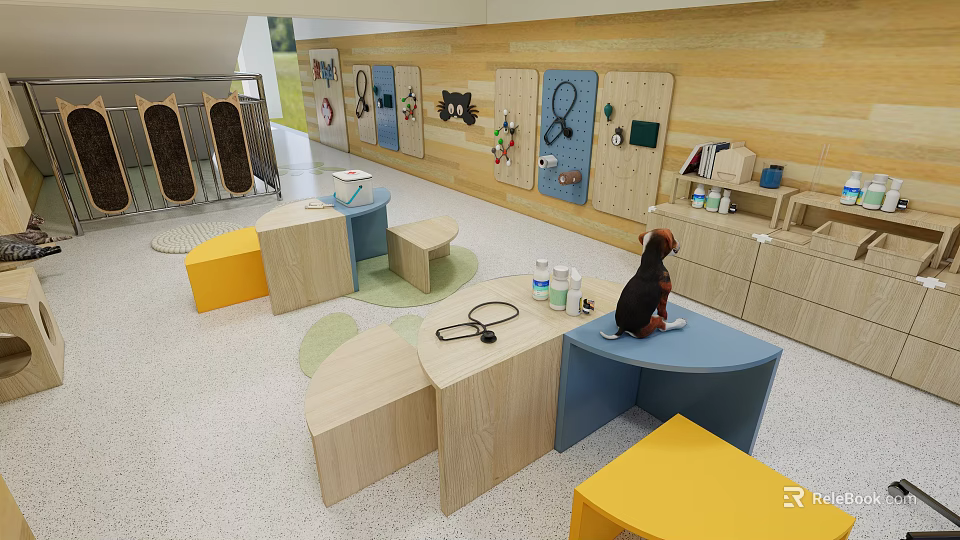 Kindergarten Activity Area With Colorful Kids Furniture Wall Decor Boards Learning Supplies And Soft Floor 3d model 