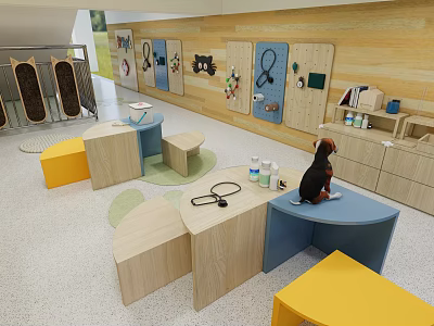 Kindergarten Activity Area With Colorful Kids Furniture Wall Decor Boards Learning Supplies And Soft Floor 3d model
