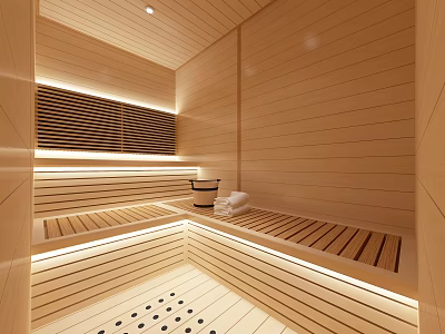 Cozy Wooden Sauna Interior With Bench Seats Lighting Towel Basket And Patterned Floor 3d model