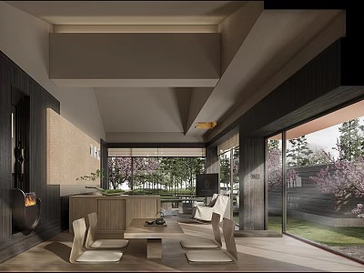 Hotel Guest Room With Wooden Decor Large Windows Cherry Blossom View And Minimalist Design 3d model