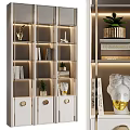 Modern Bookcase Interior With LED Lighting Decorative Sculptures Potted Plants And Stacked Books
