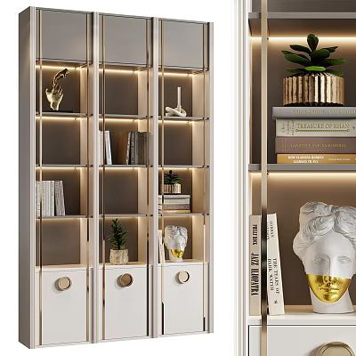 Modern Bookcase Interior With LED Lighting Decorative Sculptures Potted Plants And Stacked Books 3d model