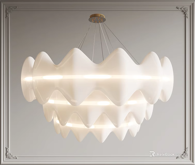 Modern White Wave Shaped Multi Layered Glowing Chandelier in Contemporary Room Setting 3d model 