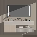 Modern Bathroom Vanity With LED Mirror White Countertop Wooden Cabinet And Decorative Toiletries