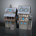 Medieval Style Buildings With Wooden Frames Gray Roofs Blue Windows And Balconies