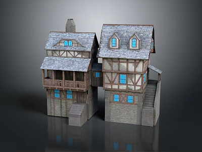 Medieval Style Buildings With Wooden Frames Gray Roofs Blue Windows And Balconies 3d model