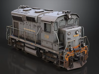 Vintage Diesel Train Locomotive Gray With Yellow Details Number 233 Metallic Texture And Detailed Features 3d model