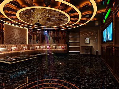 Luxurious KTV Room Interior Design With Circular Ceiling Decor Sofa Seating And TV Screens 3d model