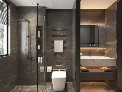 Modern Luxury Dark Marble Bathroom With Smart Toilet Glass Shower And Spacious Vanity Area 3d model