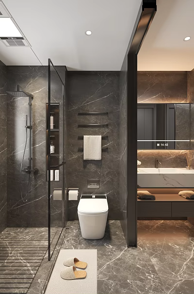 Modern Luxury Dark Marble Bathroom With Smart Toilet Glass Shower And Spacious Vanity Area 3d model