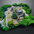 Colorful Cartoon Castle Scene With Surrounding Green Trees And Courtyard