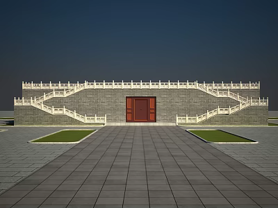 Ancient Architecture With Red Door Gray Walls Stairs And Stone Pavement 3d model