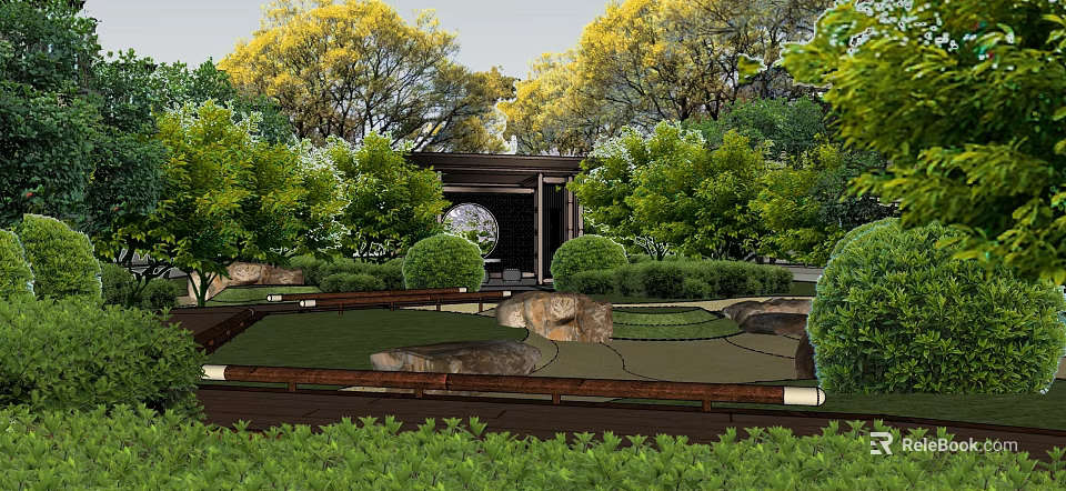 Residential Landscape With Lush Greenery Colorful Trees Traditional Pavilion And Stone Pathways 3d model 